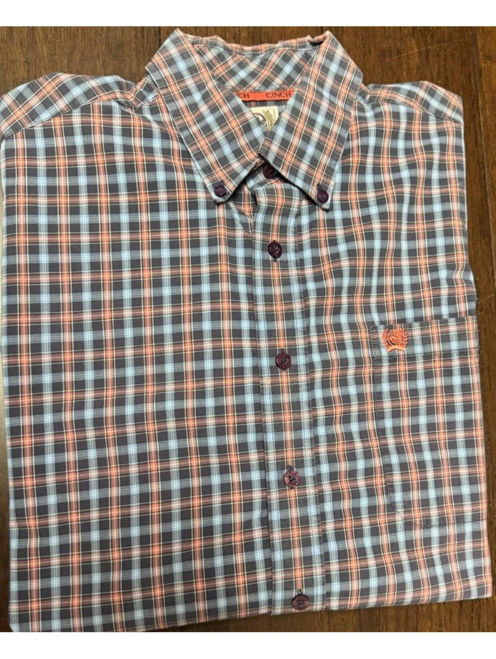Cinch Western Shirt Men's Medium Blue Salmon Black Long  Sleeve Plaid Cotton